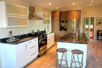 Inspiration for a large transitional single-wall medium tone wood floor eat-in kitchen remodel in Portland Maine with an undermount sink, flat-panel cabinets, white cabinets, stainless steel appliances and an island