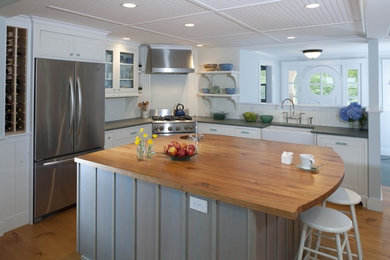 ニューアークにあるエクレクティックスタイルのおしゃれなキッチン (シェーカースタイル扉のキャビネット、シルバーの調理設備) の写真