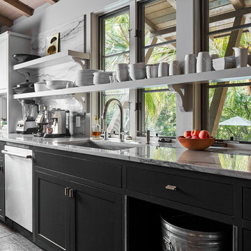 Chef's Kitchen with Black Cabinetry and Open Shelving