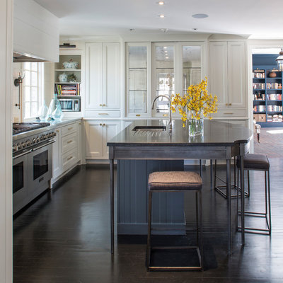 Small transitional l-shaped dark wood floor and brown floor kitchen photo in Other with an undermount sink, white cabinets, marble countertops, white backsplash, wood backsplash, stainless steel appliances, an island, black countertops and shaker cabinets