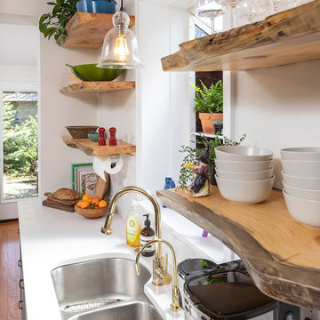 Chestnut Hill, Philadelphia: Eclectic Kitchen with Live Edge Shelving.