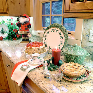 Mid-sized rustic eat-in kitchen appliance - Eat-in kitchen - mid-sized rustic l-shaped light wood floor and beige floor eat-in kitchen idea in Other with a farmhouse sink, recessed-panel cabinets, medium tone wood cabinets, granite countertops, stone slab backsplash, paneled appliances and an island
