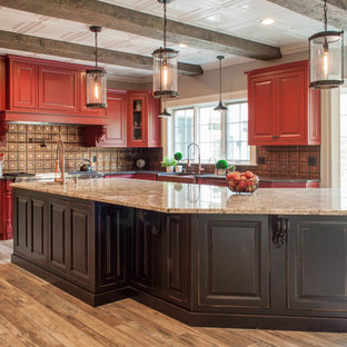 Large traditional kitchen designs - Large elegant l-shaped medium tone wood floor kitchen photo in Other with red cabinets, an island, a farmhouse sink, raised-panel cabinets, metallic backsplash and metal backsplash