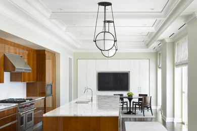 Inspiration for a large contemporary l-shaped dark wood floor eat-in kitchen remodel in Chicago with an undermount sink, flat-panel cabinets, medium tone wood cabinets, stainless steel appliances, an island, marble countertops and white backsplash