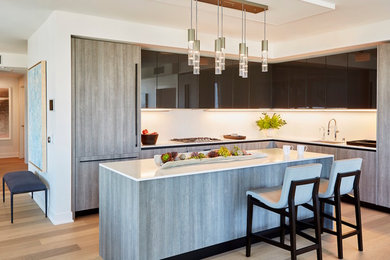 Offene, Kleine Moderne Küche in L-Form mit flächenbündigen Schrankfronten, Quarzwerkstein-Arbeitsplatte und Kücheninsel in San Francisco