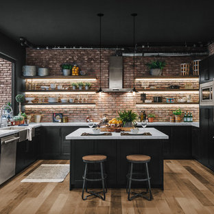 75 Beautiful Kitchen with Black Cabinets and Brick Backsplash Pictures ...