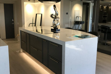 Example of a large trendy galley light wood floor and beige floor eat-in kitchen design in Miami with an undermount sink, beaded inset cabinets, gray cabinets, quartz countertops, gray backsplash, mosaic tile backsplash, stainless steel appliances, an island and white countertops