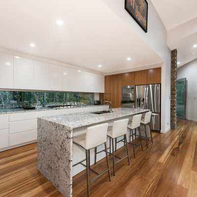 Transitional galley dark wood floor kitchen photo in Brisbane with an undermount sink, flat-panel cabinets, white cabinets, stainless steel appliances and an island