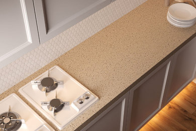 Kitchen - contemporary brown floor kitchen idea in Atlanta with quartz countertops and brown countertops