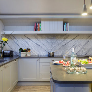 Classic Contemporary Shaker Kitchen With Book-Matched Marble Splash back