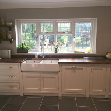 Classic, country, cream handmade kitchen with open plan shelving