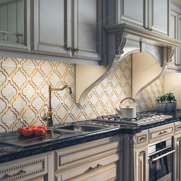 classic kitchen backsplash with white and Gold natural stone (Noble Gold)