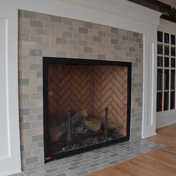 Classic Light Grey Subway Tile Kitchen + Fireplace