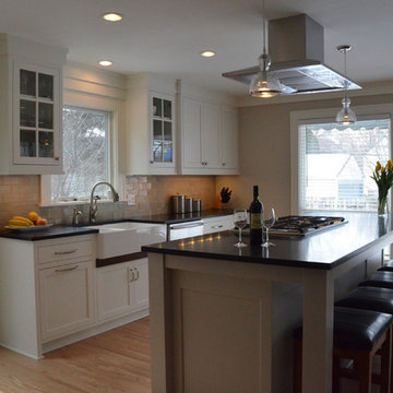 Classic Light Grey Subway Tile Kitchen + Fireplace