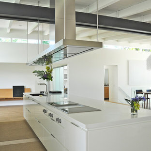 Foto di una cucina minimalista con elettrodomestici in acciaio inossidabile, ante bianche, top in superficie solida, paraspruzzi bianco e paraspruzzi con lastra di vetro