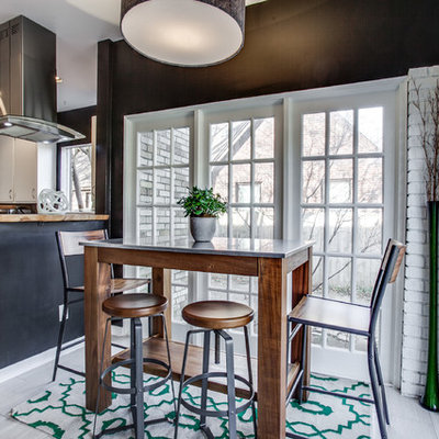 Mid-sized transitional u-shaped porcelain tile eat-in kitchen photo in Dallas with flat-panel cabinets, white cabinets, white backsplash, ceramic backsplash, white appliances and a peninsula