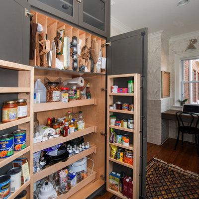Example of a transitional kitchen pantry design in Chicago with gray cabinets