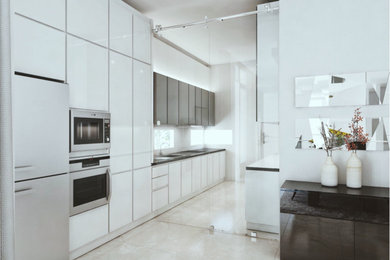 ニューヨークにある高級な中くらいなモダンスタイルのおしゃれなII型キッチン (白いキャビネット、白いキッチンパネル、ガラス板のキッチンパネル、シルバーの調理設備、セラミックタイルの床) の写真