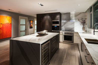 Example of a mid-sized trendy l-shaped medium tone wood floor and beige floor kitchen design in Vancouver with a double-bowl sink, flat-panel cabinets, white cabinets, marble countertops, white backsplash, stone slab backsplash, stainless steel appliances and an island