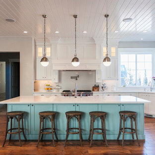 Coastal kitchen appliance - Example of a beach style galley dark wood floor and brown floor kitchen design in Los Angeles with shaker cabinets, white cabinets, window backsplash, stainless steel appliances and an island