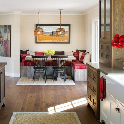 Inspiration for a country galley dark wood floor eat-in kitchen remodel in San Diego with medium tone wood cabinets, a farmhouse sink and shaker cabinets