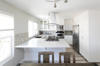 サンディエゴにあるトランジショナルスタイルのおしゃれなキッチン (白いキャビネット、シルバーの調理設備、白いキッチンカウンター、マルチカラーのキッチンパネル) の写真