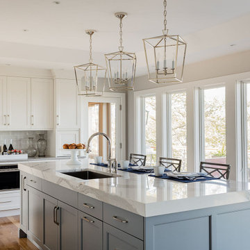 Coastal White & Grey Kitchen with Silver Lantern Pendants - Boston Magazine Desi