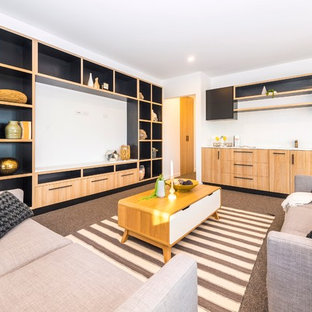 Inspiration for a large contemporary single-wall open plan kitchen in Canberra - Queanbeyan with an undermount sink, open cabinets, black cabinets, quartz benchtops, white splashback, mosaic tile splashback, black appliances, carpet and no island.