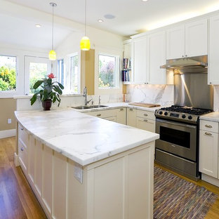 Kitchen - traditional kitchen idea in San Francisco with marble countertops and marble backsplash