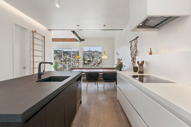 Example of a large danish galley light wood floor kitchen pantry design in San Francisco with an integrated sink, flat-panel cabinets, white cabinets, granite countertops, white appliances and an island