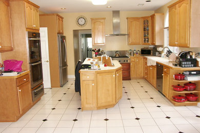 フィラデルフィアにある中くらいなトラディショナルスタイルのおしゃれなキッチン (アンダーカウンターシンク、レイズドパネル扉のキャビネット、淡色木目調キャビネット、ラミネートカウンター、シルバーの調理設備、セラミックタイルの床、白い床) の写真
