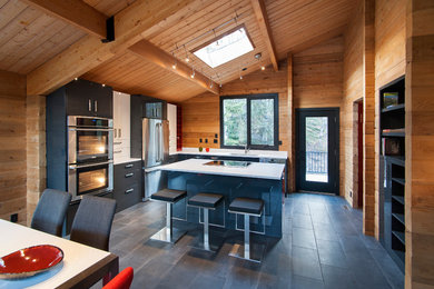 Modelo de cocinas en L contemporánea de tamaño medio abierta con armarios con paneles lisos, una isla y puertas de armario grises