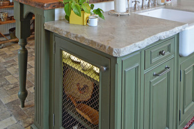 Example of a mid-sized ornate u-shaped brick floor and gray floor enclosed kitchen design in San Luis Obispo with an island, white countertops, a farmhouse sink, beaded inset cabinets, green cabinets and quartzite countertops