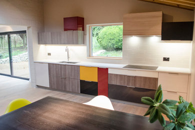 Inspiration for a contemporary kitchen in London with flat-panel cabinets and quartz worktops.