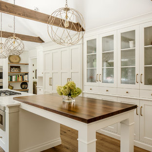 Ispirazione per una grande cucina country con ante in stile shaker, ante bianche, top in quarzo composito, elettrodomestici in acciaio inossidabile, lavello stile country e pavimento in legno massello medio