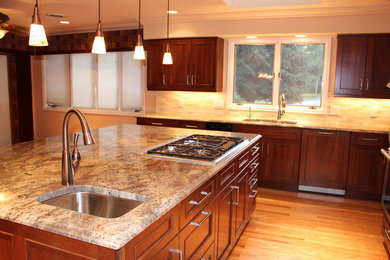 Elegant kitchen photo in Denver with shaker cabinets and an island