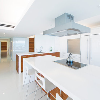 Example of a minimalist kitchen design in Miami with an undermount sink, flat-panel cabinets, white cabinets and paneled appliances