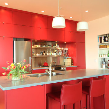Compact Kitchen with Bold Red Cabinets