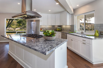 Open concept kitchen - mid-sized modern medium tone wood floor open concept kitchen idea in Santa Barbara with recessed-panel cabinets, white cabinets, quartz countertops, an island, a single-bowl sink, gray backsplash and stainless steel appliances