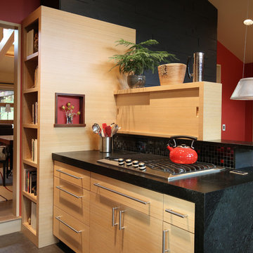 Island with cooktop and bookshelves