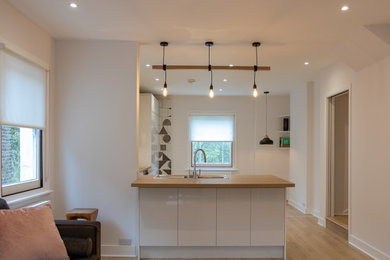 Photo of a medium sized contemporary open plan kitchen in London with flat-panel cabinets, white cabinets, wood worktops, multi-coloured splashback, cement tile splashback, integrated appliances and a breakfast bar.