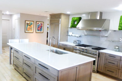 Example of a large country ceramic tile and beige floor kitchen design with a single-bowl sink, shaker cabinets, gray cabinets, quartzite countertops, white backsplash, ceramic backsplash, stainless steel appliances, an island and white countertops