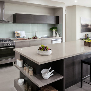 Photo of a mid-sized contemporary galley kitchen in Newcastle - Maitland with a drop-in sink, flat-panel cabinets, grey cabinets, glass sheet splashback, stainless steel appliances, with island, grey floor and grey benchtop.