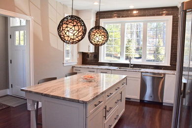 Mid-sized trendy l-shaped dark wood floor and brown floor open concept kitchen photo in Boston with a single-bowl sink, shaker cabinets, white cabinets, quartz countertops, brown backsplash, subway tile backsplash, stainless steel appliances, an island and multicolored countertops