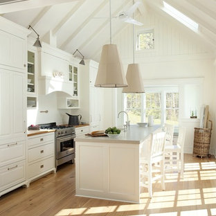 Coastal kitchen remodeling - Kitchen - coastal galley kitchen idea in Boston with raised-panel cabinets, white cabinets, concrete countertops and white backsplash