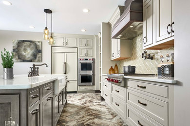 Kitchen - transitional kitchen idea in Louisville with white cabinets and an island