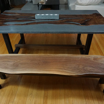 Concrete table with black walnut live edge inlay and bench