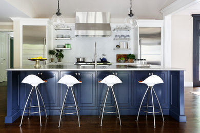 ニューヨークにあるトランジショナルスタイルのおしゃれなキッチン (白いキッチンパネル、シルバーの調理設備、濃色無垢フローリング) の写真