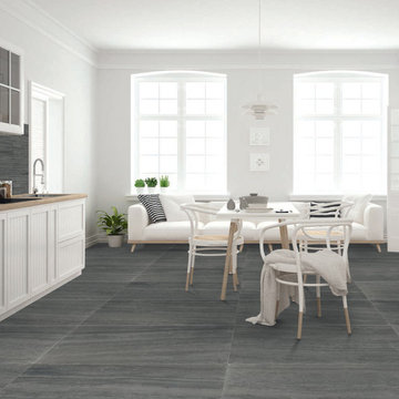 Contemporary black and white kitchen with black stone look porcelain tile