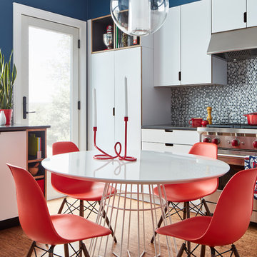 Contemporary Eat In Kitchen in Muted Red, White, and Blue